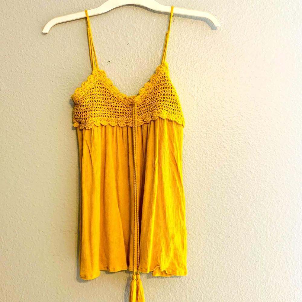 Chocolate USA Women’s Mustard Crochet Babydoll Spaghetti Strap Cami Top. Size S